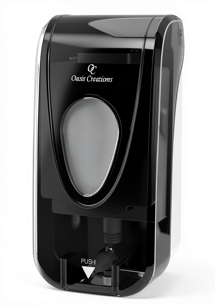 Oasis Creations black soap dispenser mounted on a wall