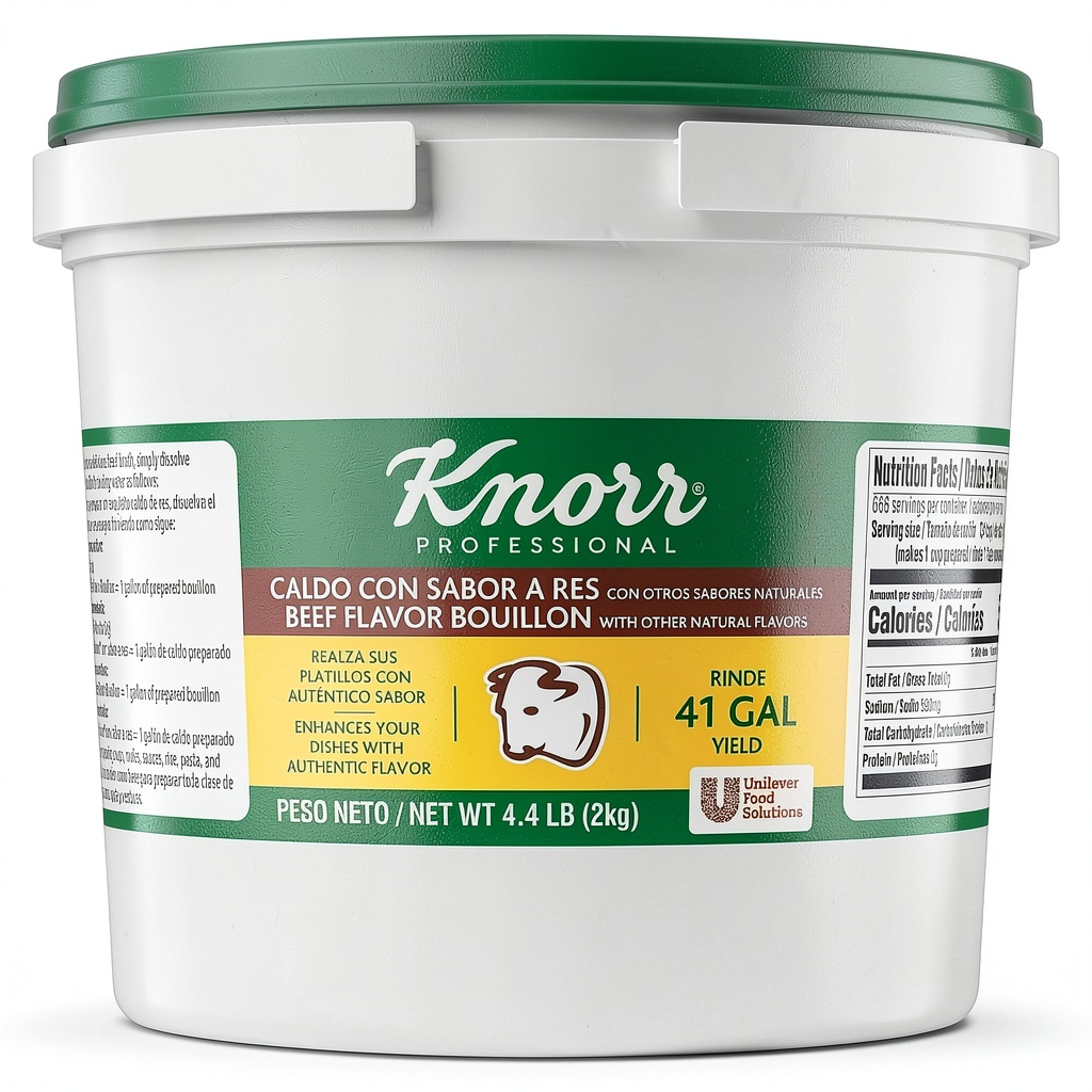 Unilever Beef Bouillon resealable container on kitchen counter